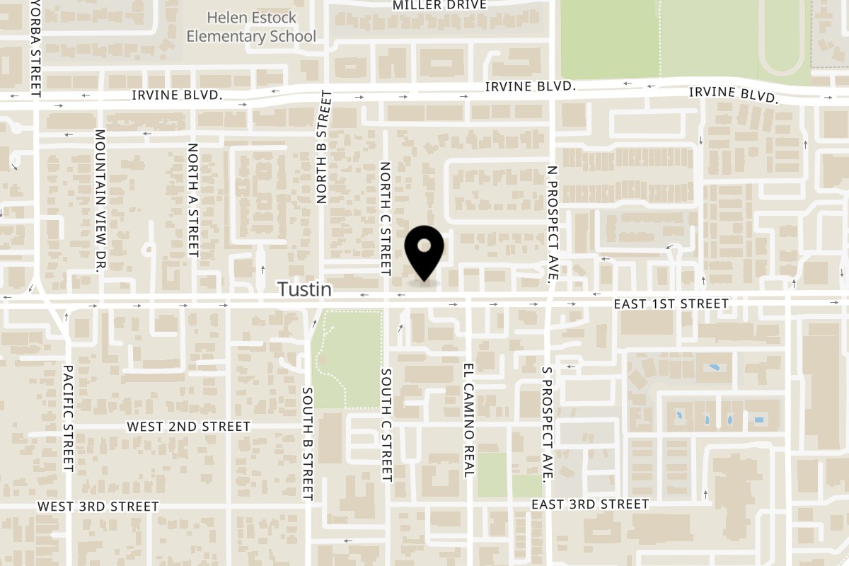Map showing the location of Orange Roll & Sushi 139 on 139 W First St a in Tustin